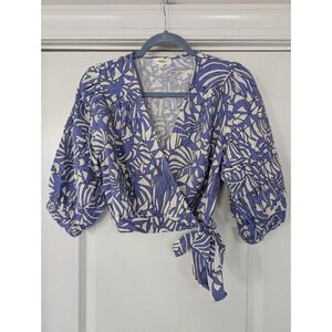 SUNCOO Paris Blue White Leaf Print Wrap Crop women's Small linen blend ‎ beachy